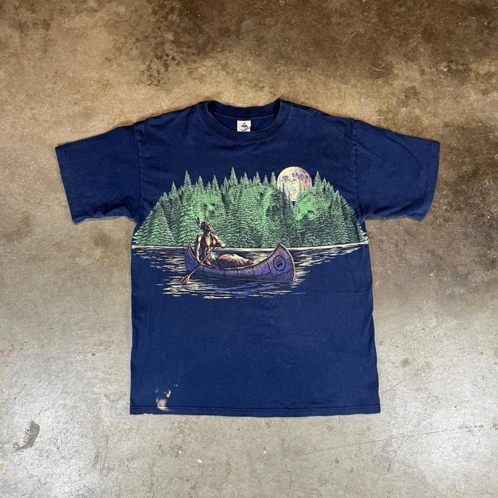 Vintage 90s Native American Canoeing Moonlight Tee graphic Mens Large
